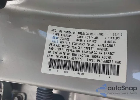 2015 Honda Accord Hybrid Ex-L из США, поврежденный, VIN 1HGCR6F53FA014827